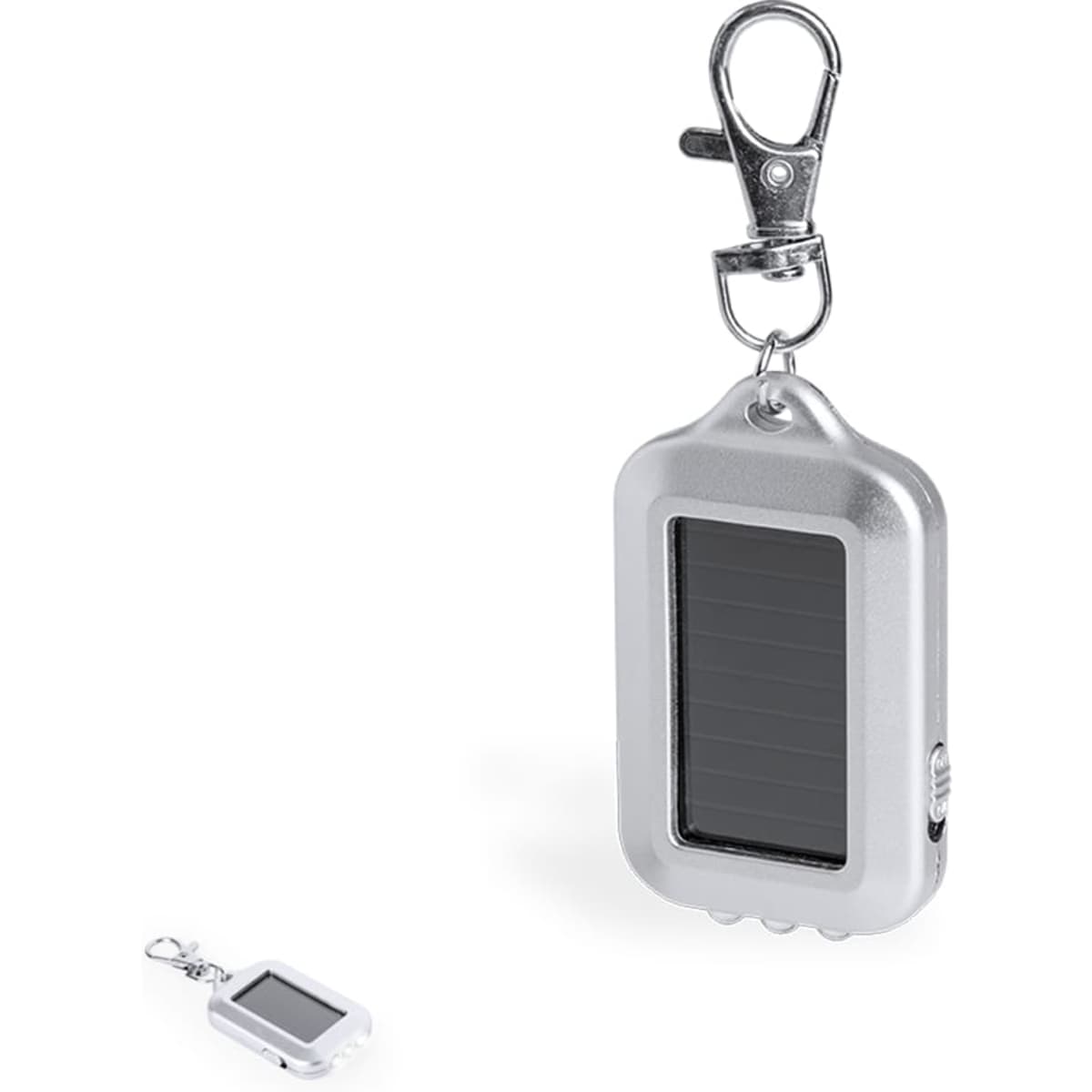 A silver solar-powered bottle opener keyring with a metal clip and a smaller attached keyring.
