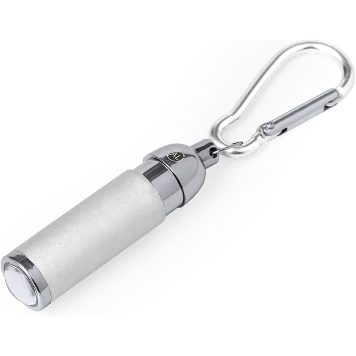 A small silver and white torch keyring with a metallic clip, designed for convenience and portability.