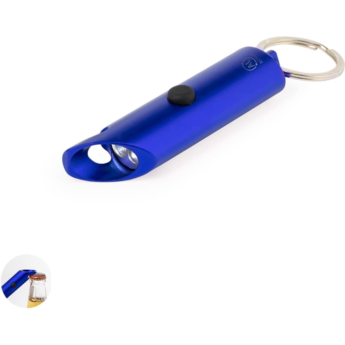 A blue keyring torch with a bottle opener feature and a keychain attachment. It has a round button for activation.