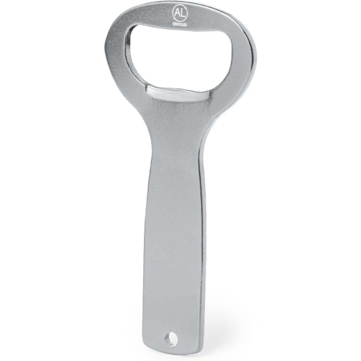 A metallic bottle opener with a curved handle. It has a simple, shiny design and a small hole for hanging.
