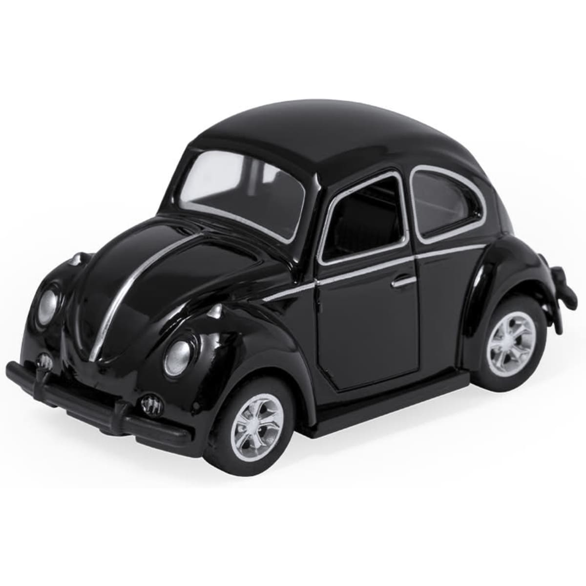 A black vintage car toy model with silver detailing and wheels, featuring a classic rounded design.