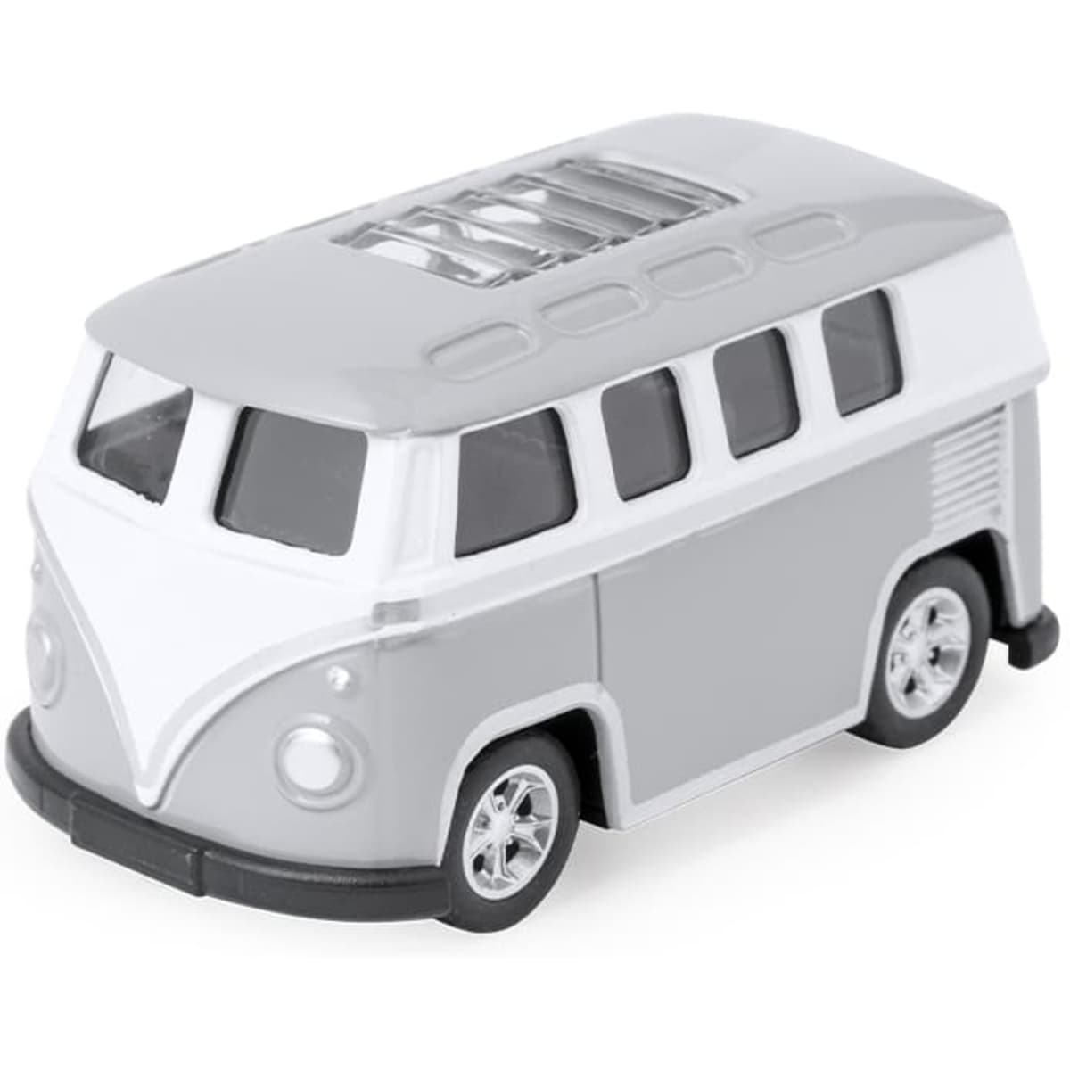 A novelty toy van in grey and white, featuring detailed wheels and windows, with a logo on the side.