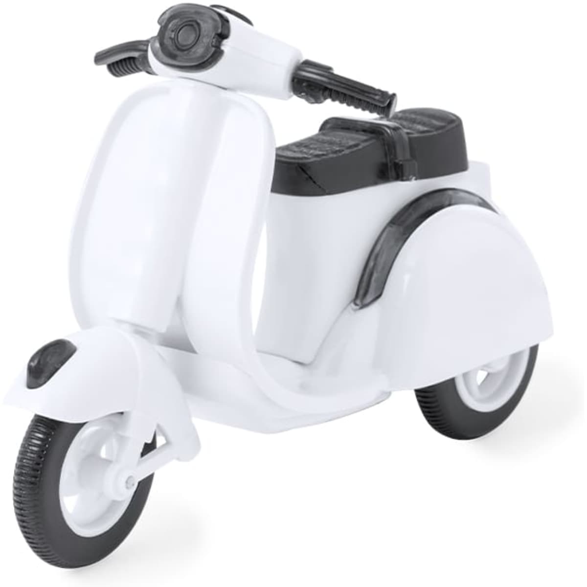 A white toy scooter with black seats and handlebars, featuring detailed wheels and a sleek design.