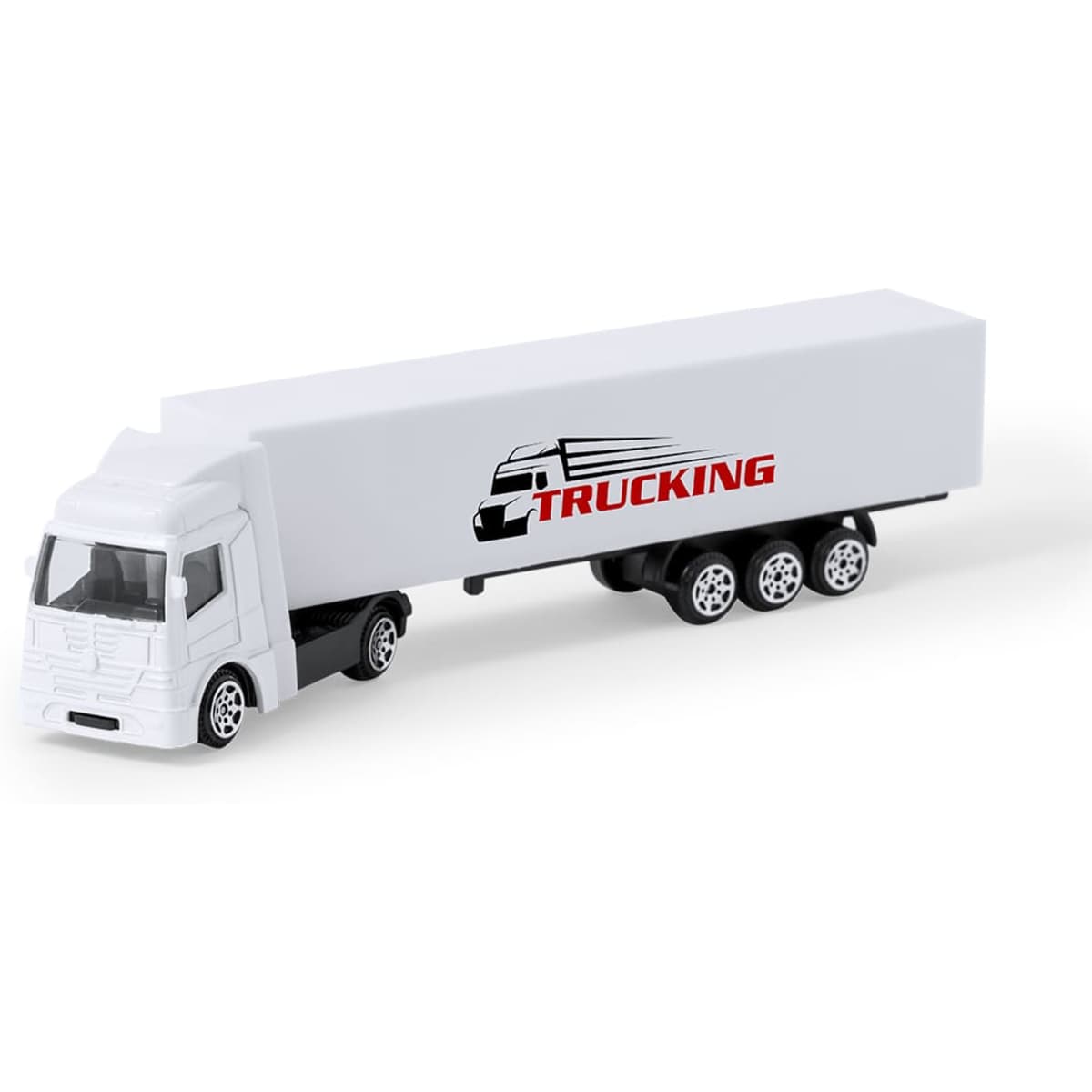 A white toy truck with a detachable trailer featuring a logo on the side.