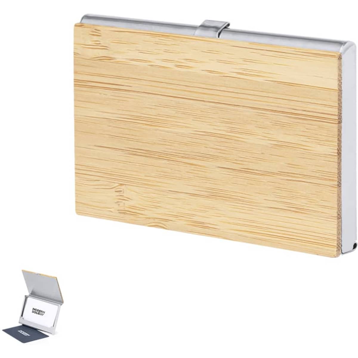 A wooden business card holder in a light natural finish with a metallic clasp, displayed with an open presentation box.