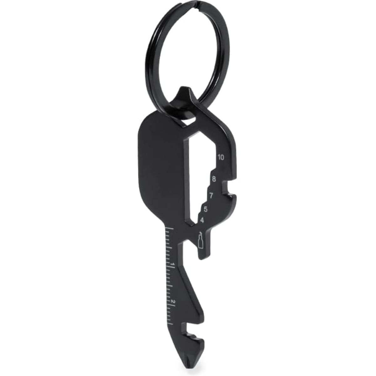 A black multi-tool keyring with measuring markings and various tool functions. It features a circular attachment for keys.