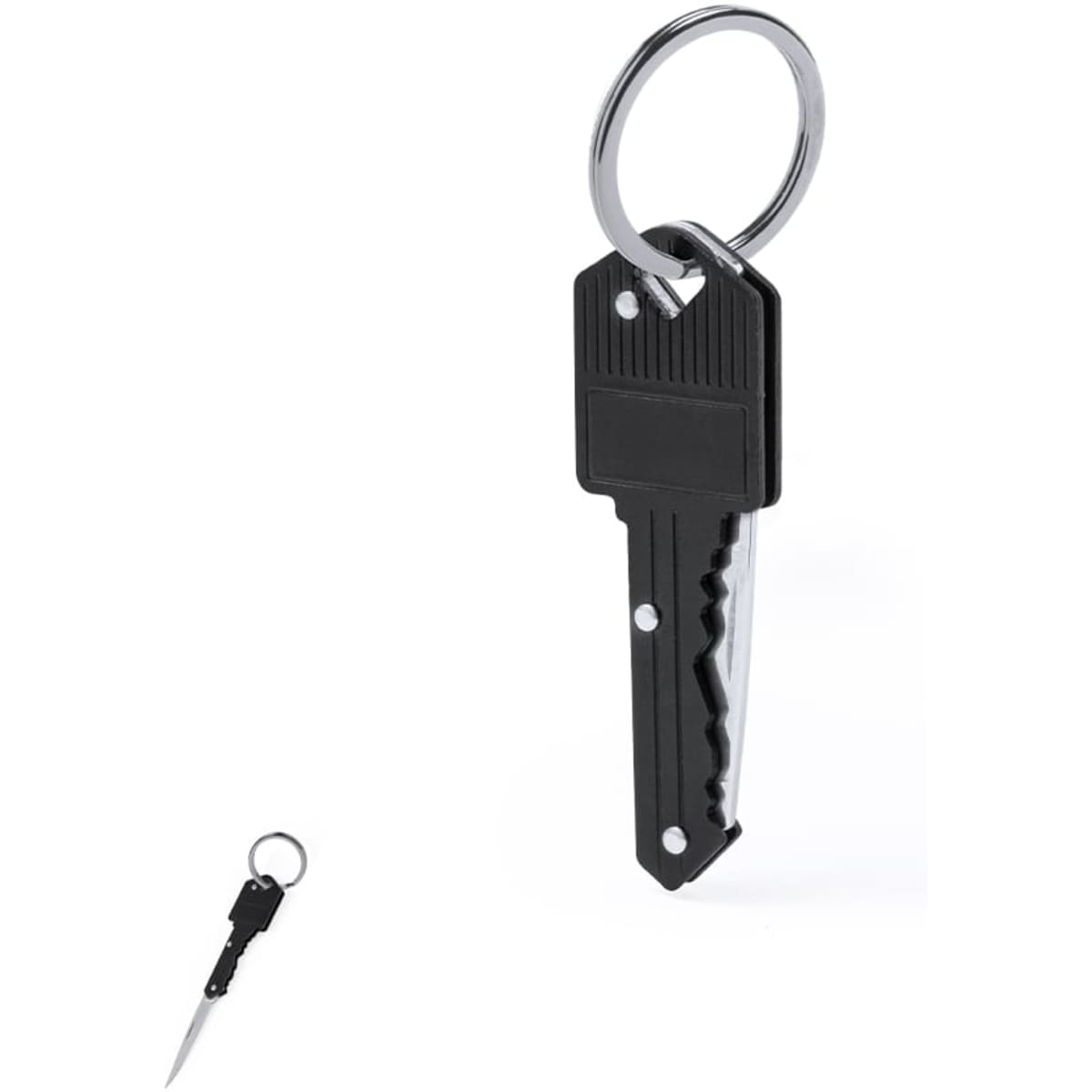 A black keyring in the shape of a key, featuring a silver metal ring for attachment.