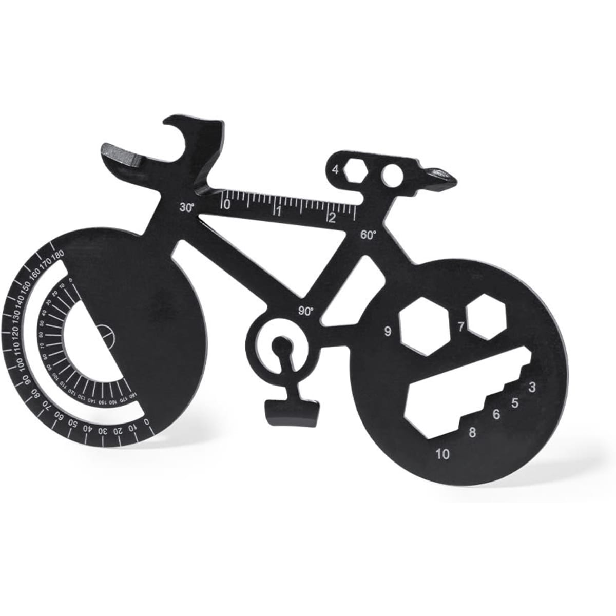 A black multi-tool shaped like a bicycle, featuring various measurement tools and a logo.