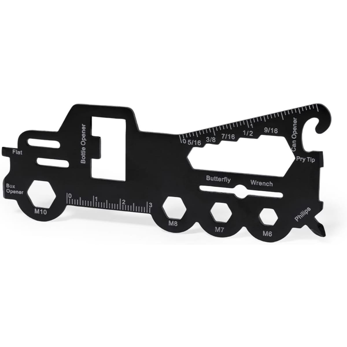 A black multifunctional tool shaped like a truck with various measurements, a bottle opener, and multiple wrench sizes.