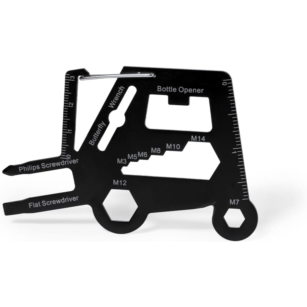 A black multi-tool featuring a bottle opener, wrenches, and screwdriver shapes, with measurements printed on it.