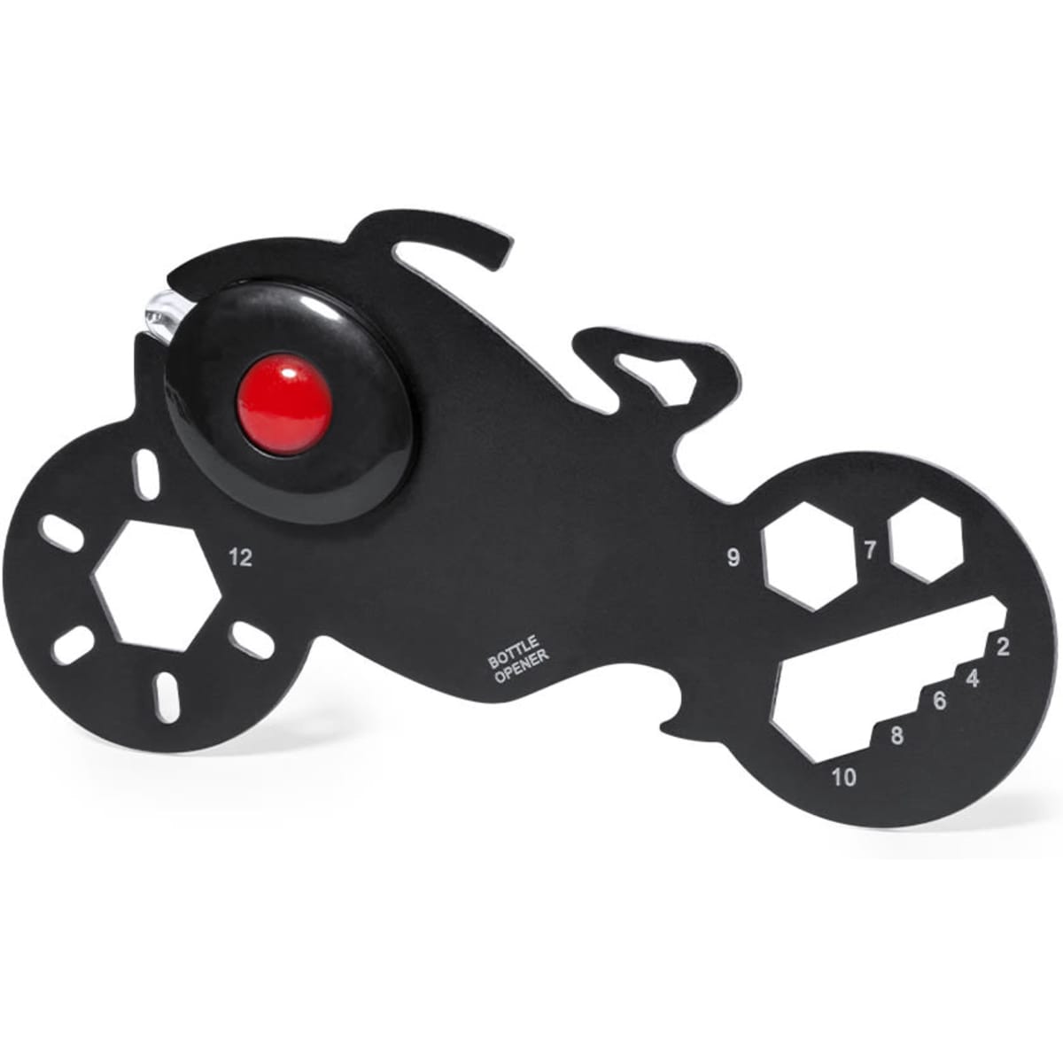 A black multi-tool shaped like a motorcycle, featuring a bottle opener and various hexagon and square wrenches.