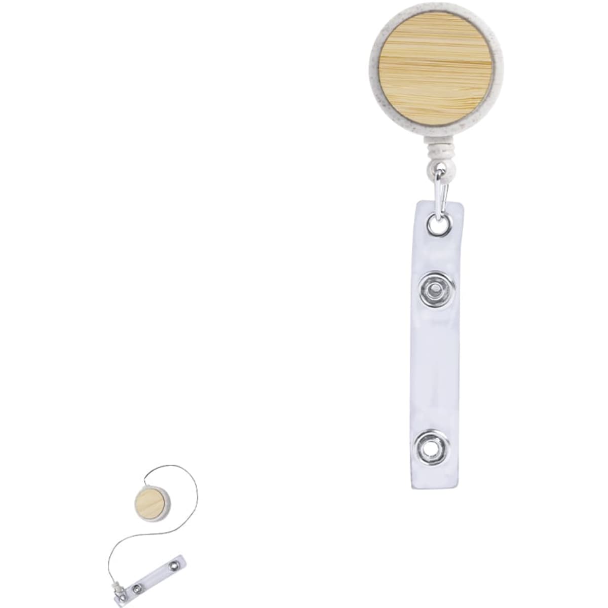 A badge reel with a circular bamboo top and a clear plastic strap, featuring silver metal clasps.