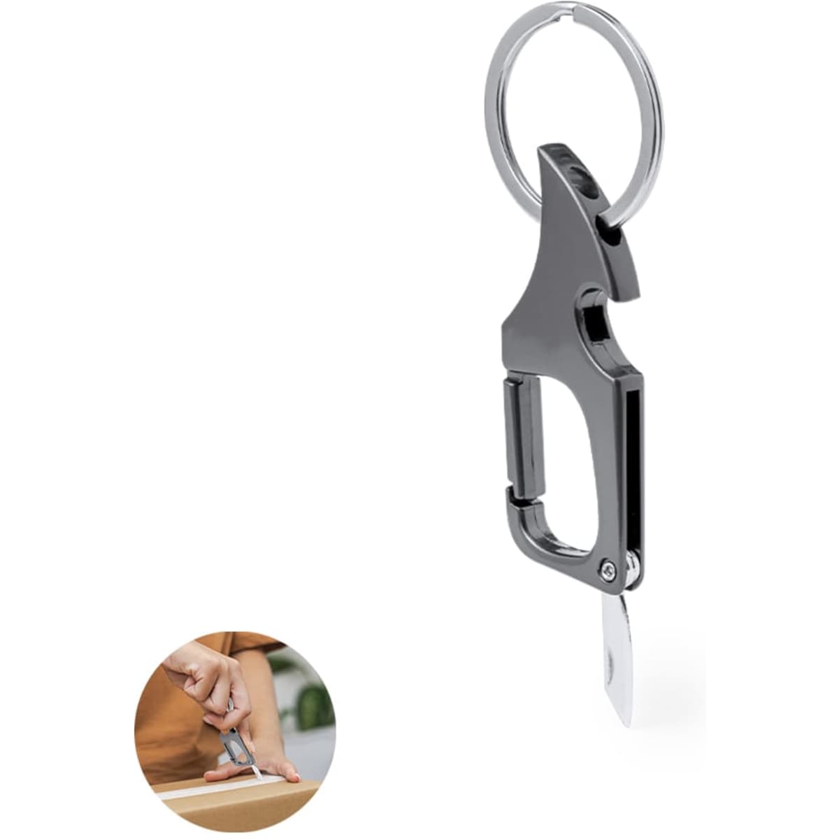 A drink bottle opener keyring in black with a functional design. Includes a branding/logo feature.