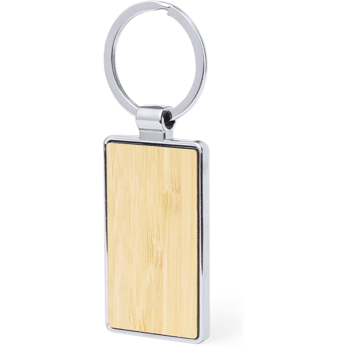 A metallic keyring featuring a rectangular bamboo base and a silver keyring attachment.