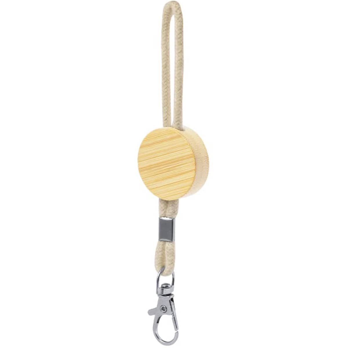 A wooden keyring with a round natural finish and a sturdy rope attachment, featuring a metal clip.
