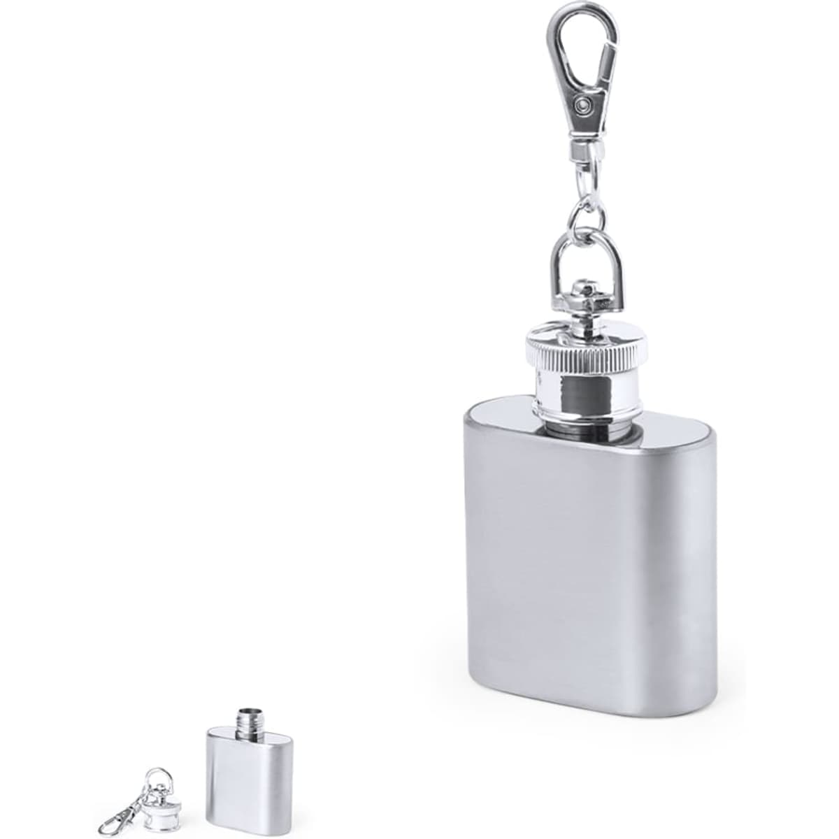 A drink bottle with a silver finish and a screw top, featuring a clip for attachment.