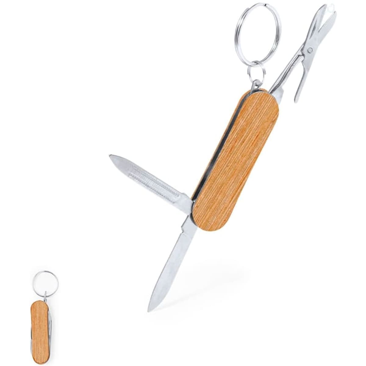A wooden keyring multi-tool featuring a knife, scissors, and a keychain ring. The wood is a warm, natural colour.