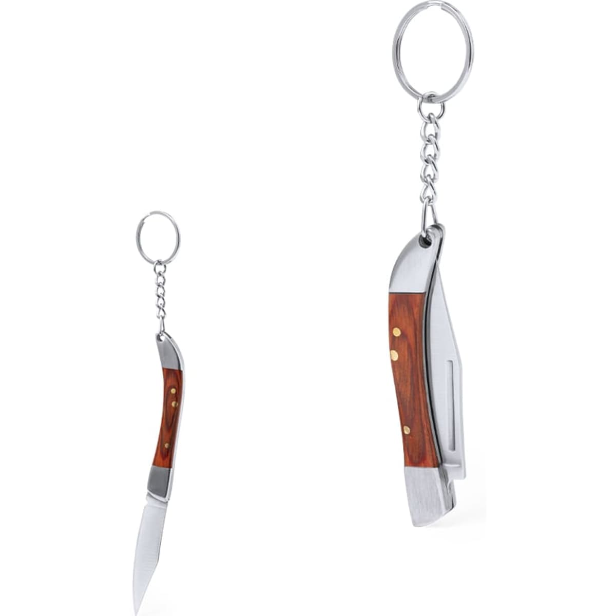A keyring in the shape of a knife with a wooden handle and metal accents, featuring a circular chain attachment.