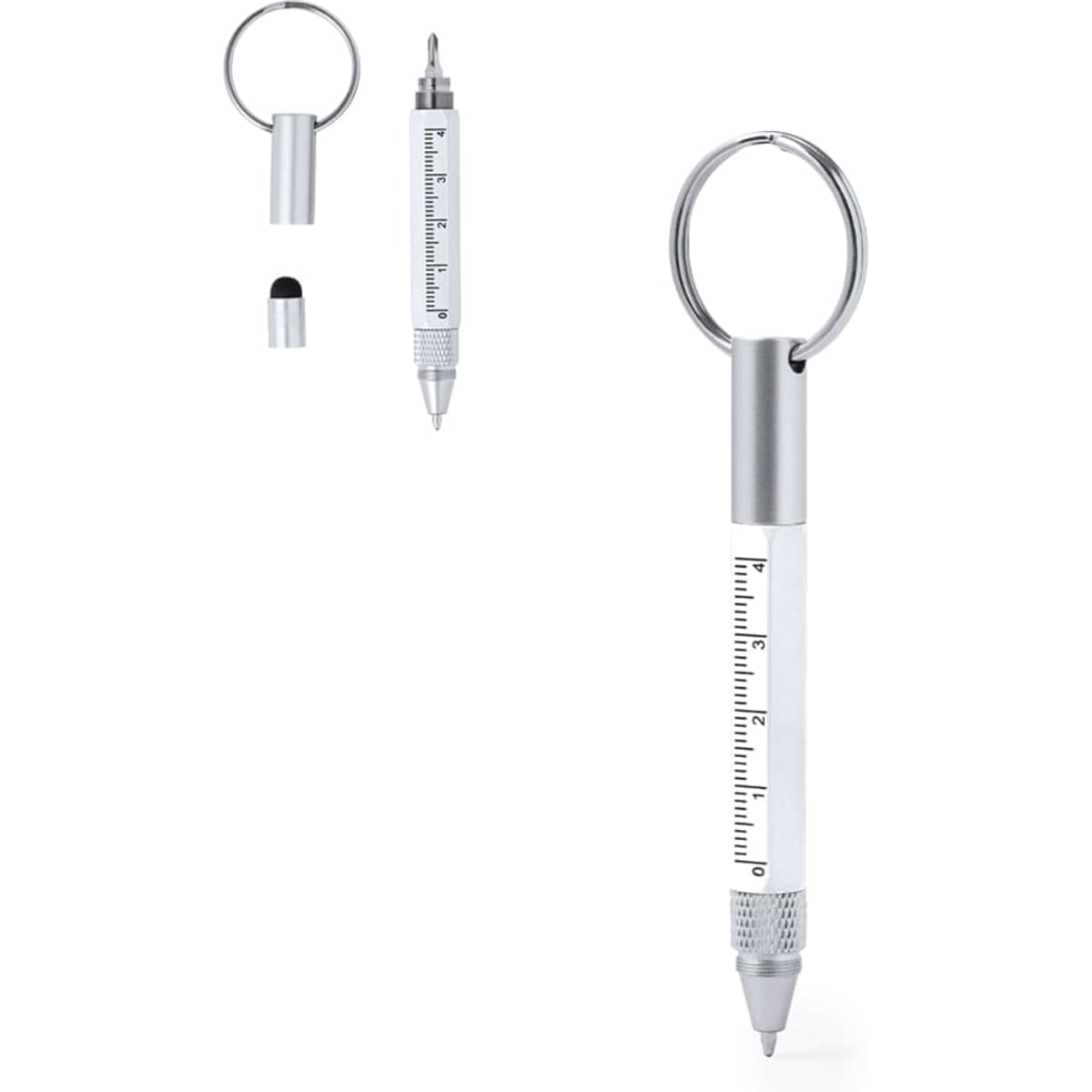 A silver multifunction pen with a keyring attachment, featuring a sleek design and multiple writing tips.