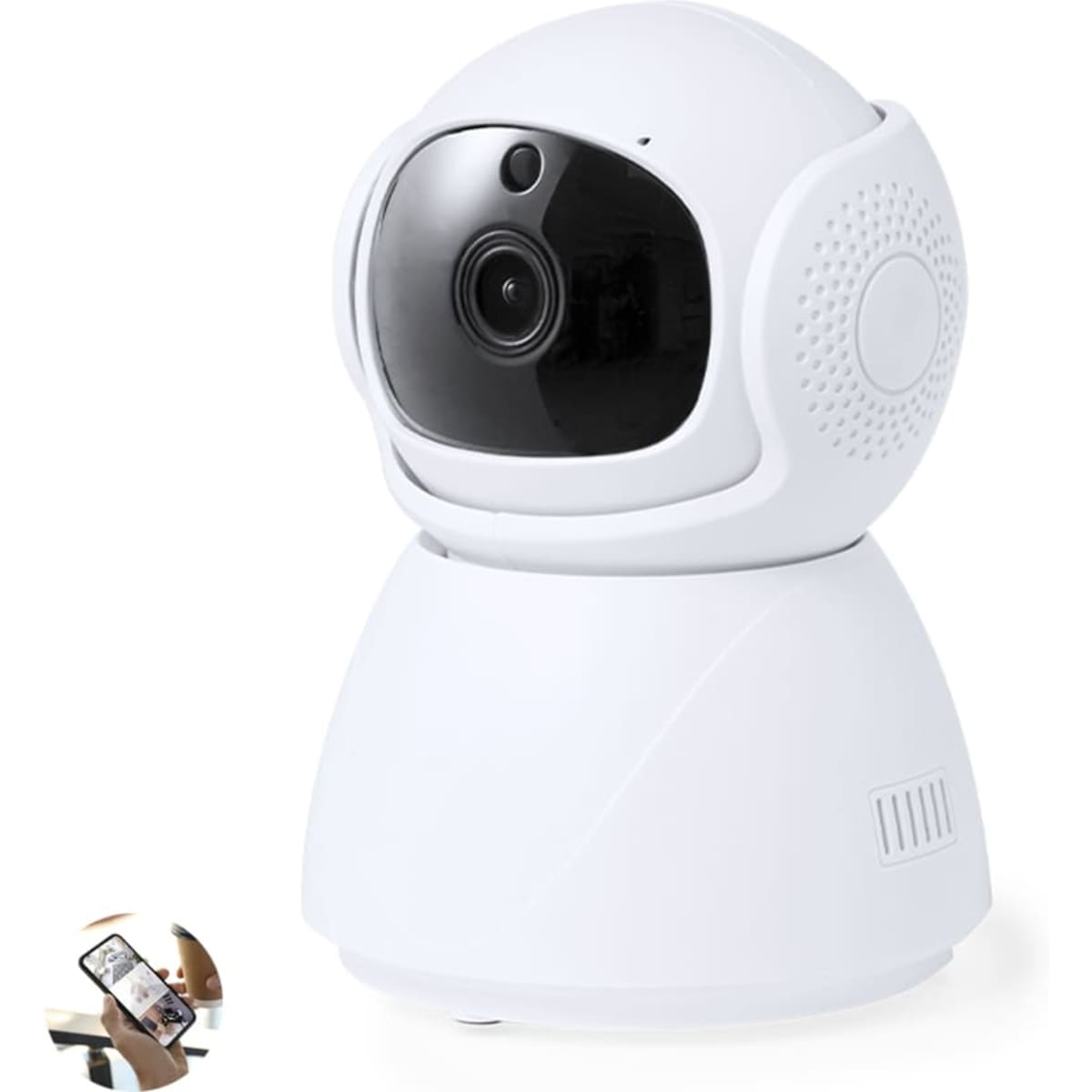A white security camera with a spherical head and a base, featuring a logo on the side.