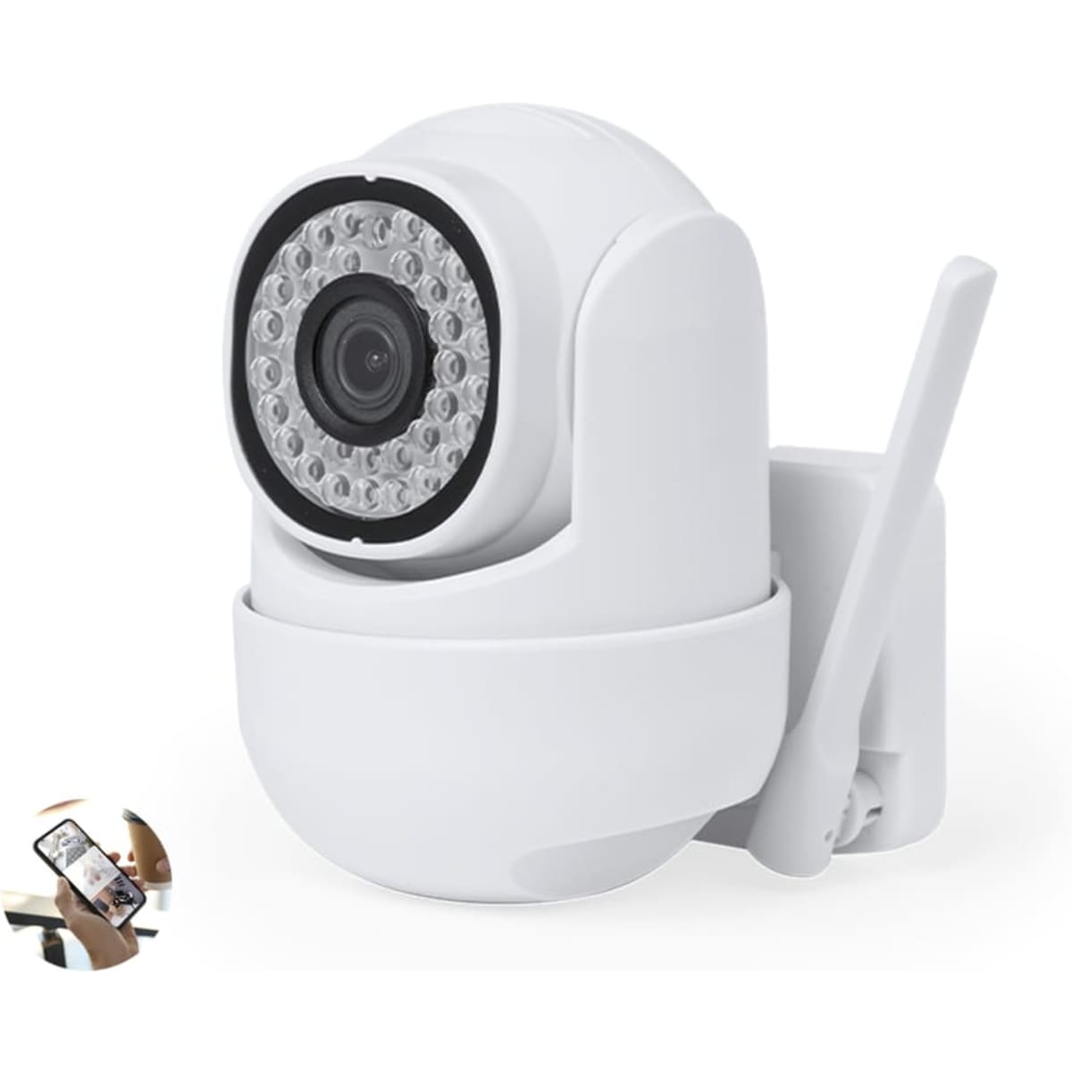 A white security camera with infrared lights, featuring a detachable antenna and a mounting bracket.