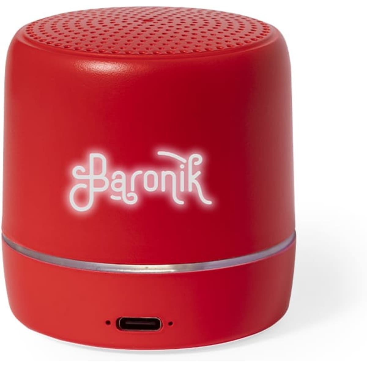 A red Bluetooth speaker with a logo, featuring a round design and a mesh top for sound output.