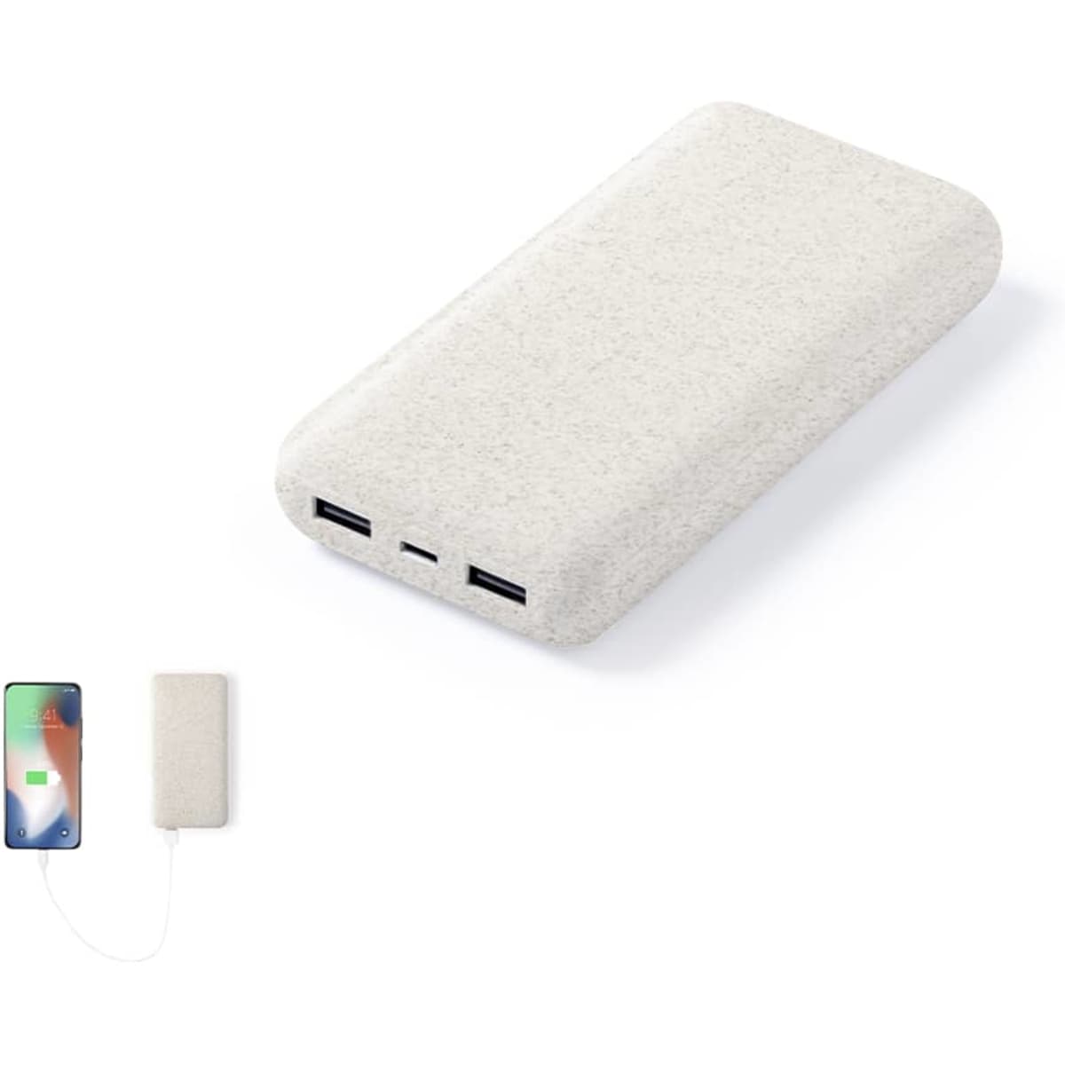 A cream-coloured power bank with two USB ports, featuring a sleek design and a logo.