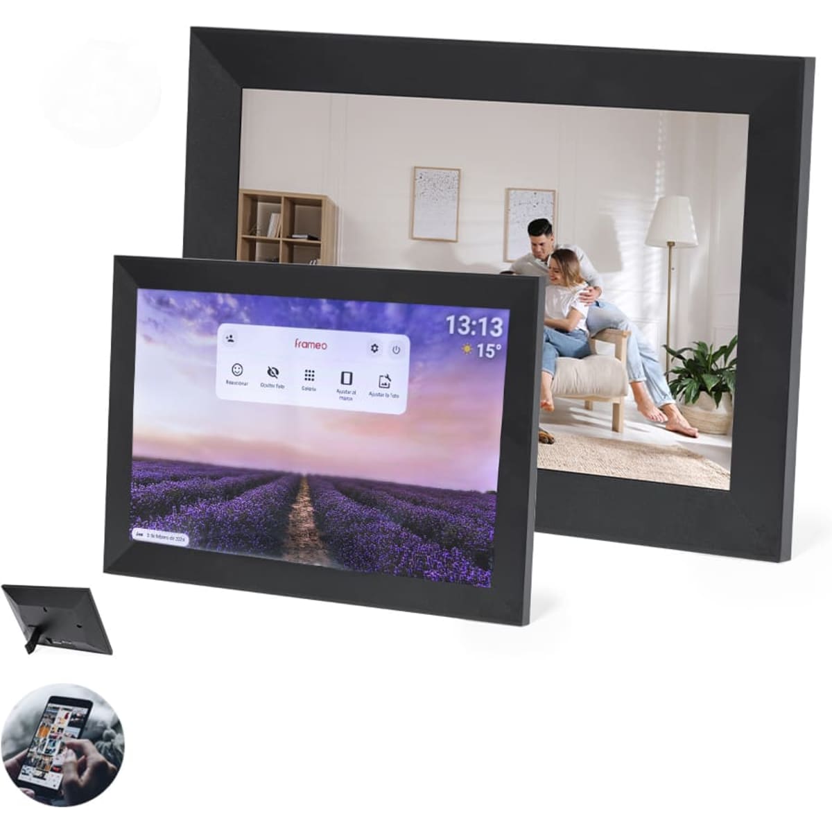 A digital photo frame in black showcasing a serene living room scene and a vibrant lavender field display.