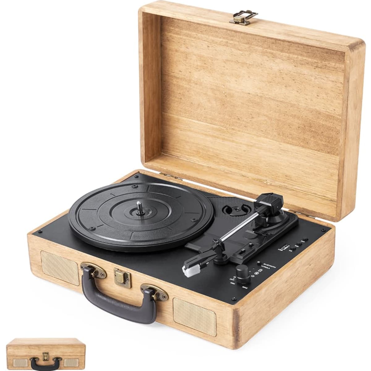 A wooden turntable with a black platter and control panel, enclosed in a stylish case. Features a handle for portability.