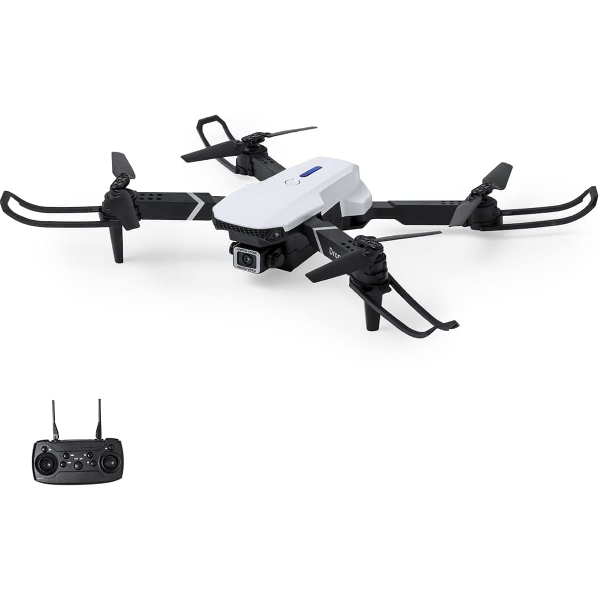 A drone with a white body and black propellers, along with a black remote control, is displayed.