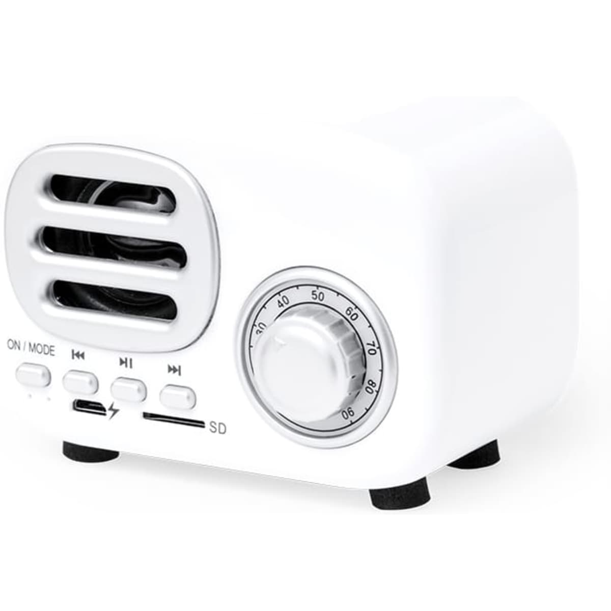 A white Bluetooth speaker with control buttons and a knob for volume adjustment. It features a sleek, modern design.