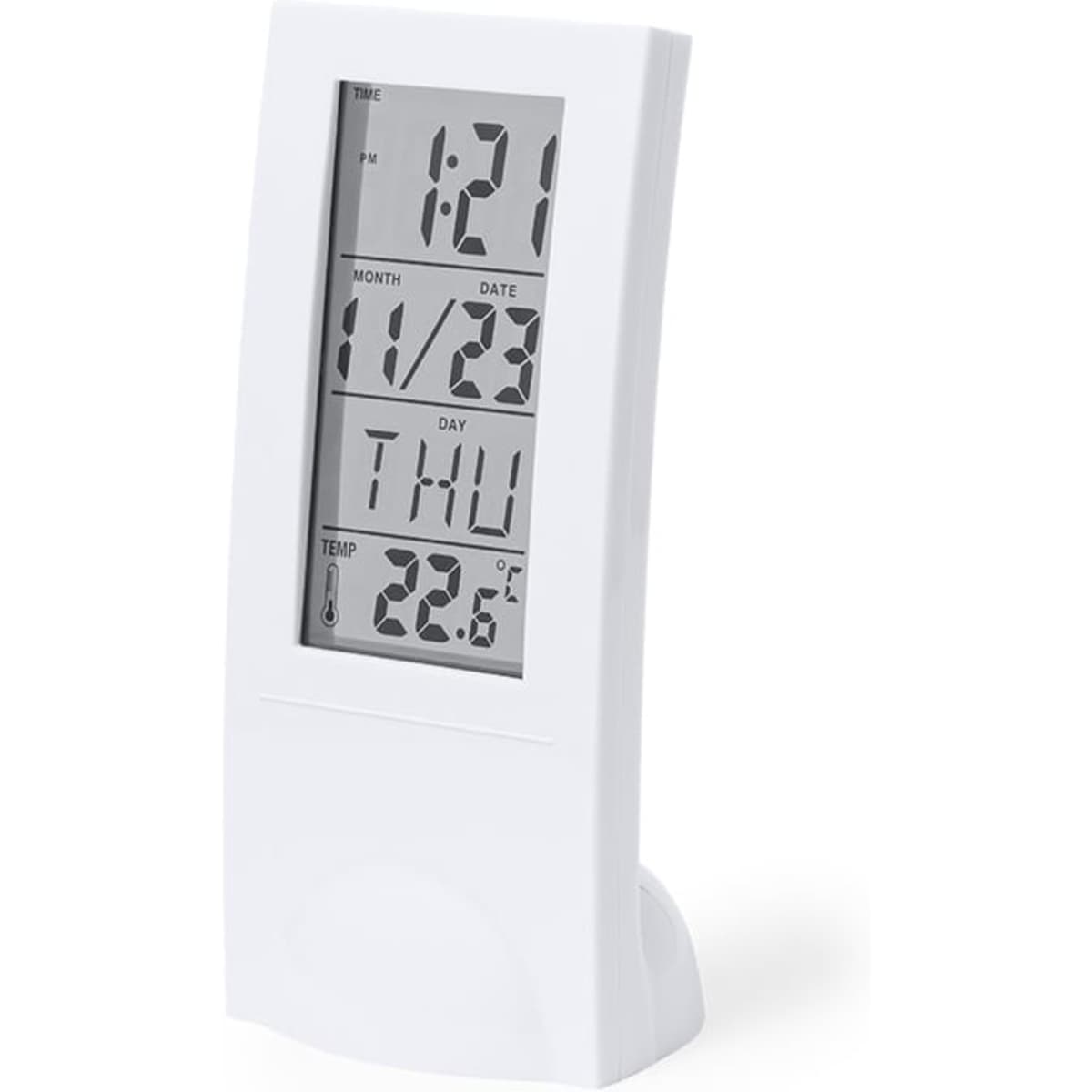 A digital clock with a white frame displaying time, date, day of the week, and temperature.