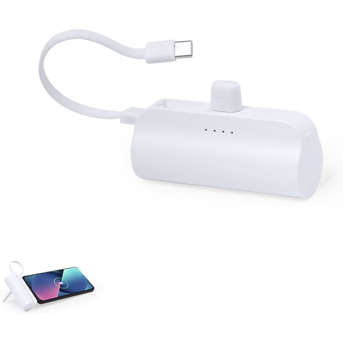 A white Laford power bank with a USB-C cable attached, featuring indicator lights and a sleek design.