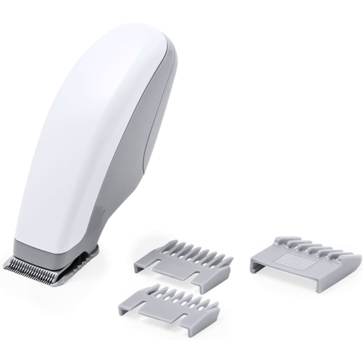 A white hair trimmer with two grey attachments on a plain background. The product features a sleek design.