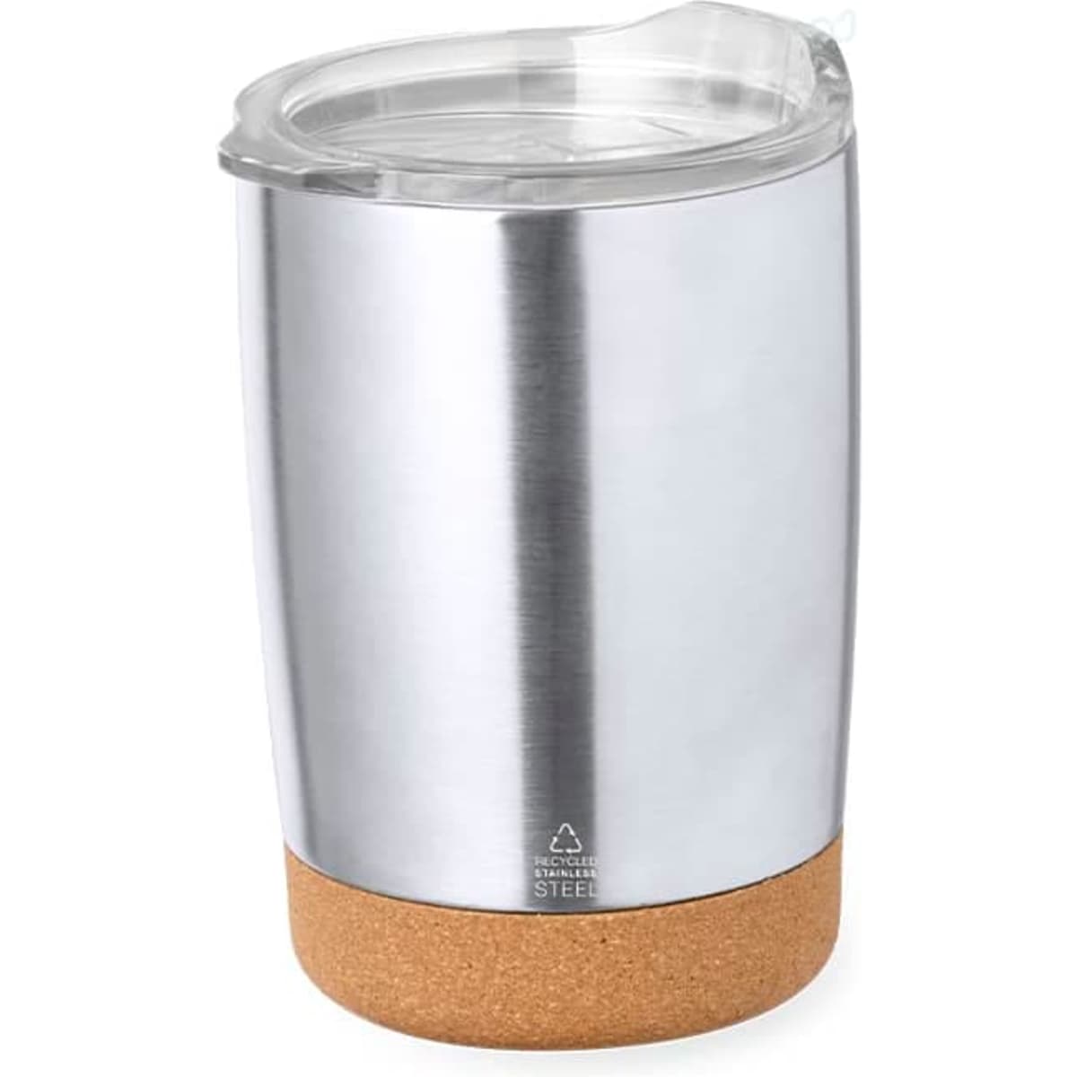 An insulated cup with a stainless steel body and a cork base, featuring a transparent lid.