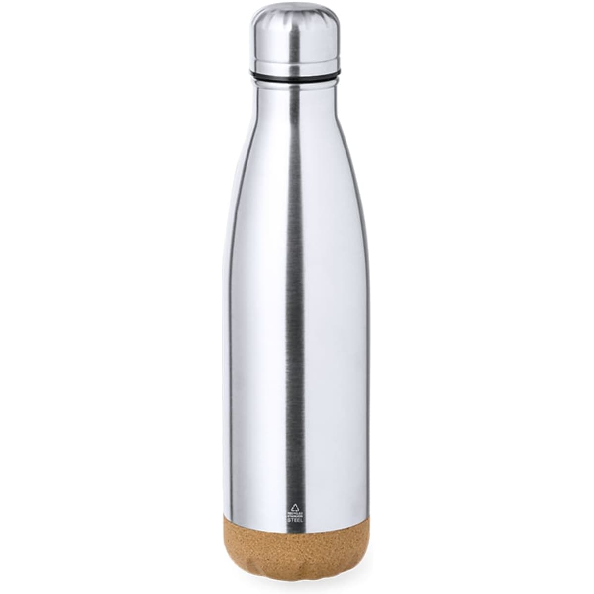 A drink bottle with a shiny silver stainless steel body and a cork bottom, featuring a screw-on metal cap and a logo.