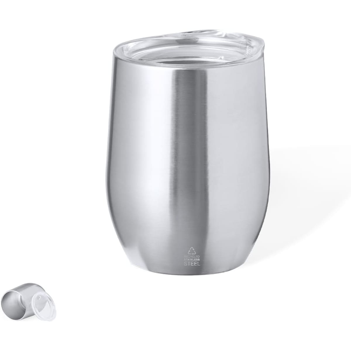 A stainless steel insulated cup with a clear lid, featuring a sleek design and a removable silicone plug.