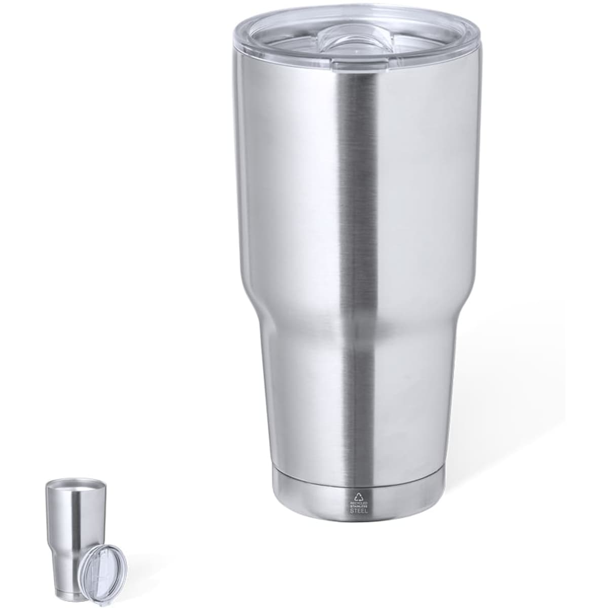 A drink bottle featuring a sleek stainless steel design, with a clear lid and a smaller matching cup.