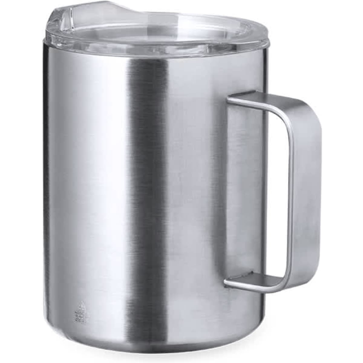 A stainless steel insulated mug with a clear lid and a sturdy handle, featuring a branding logo.