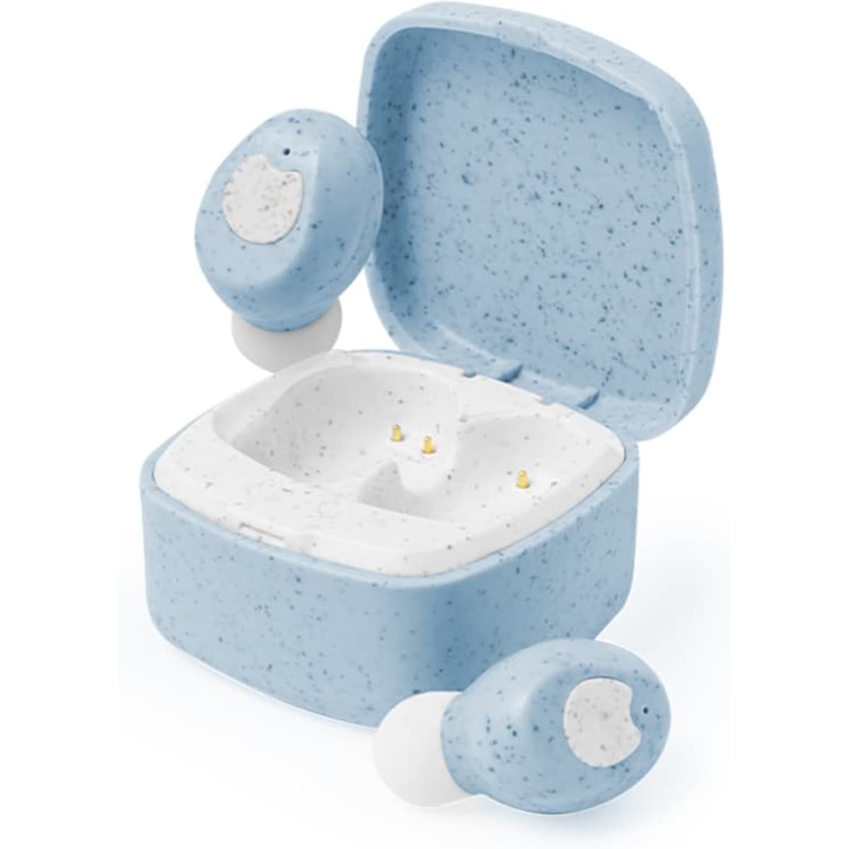 A pair of blue earbuds with a case, featuring a speckled design in light blue and white. The case is slightly open.