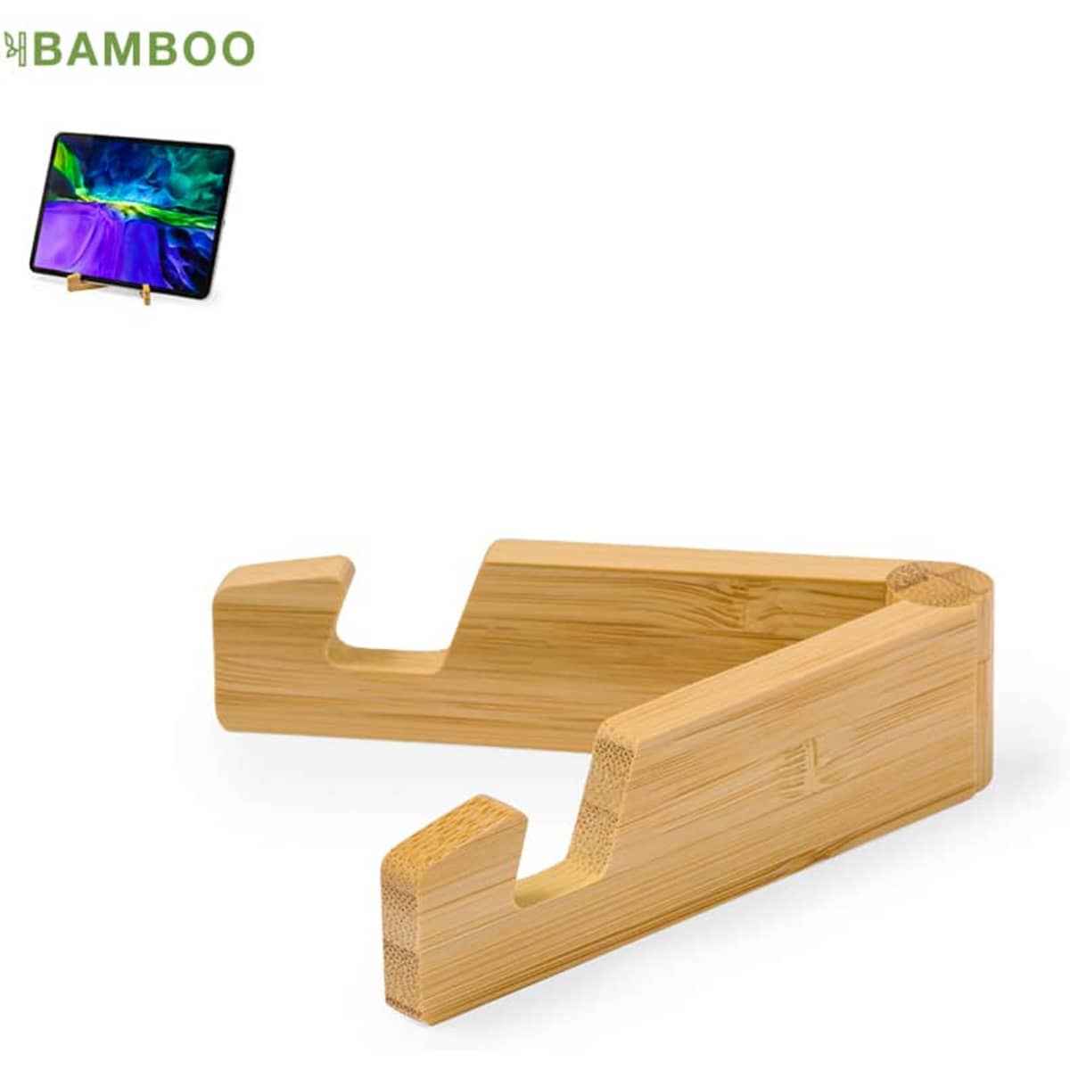 A bamboo phone stand with a sleek, minimal design, featuring a logo in the top corner.