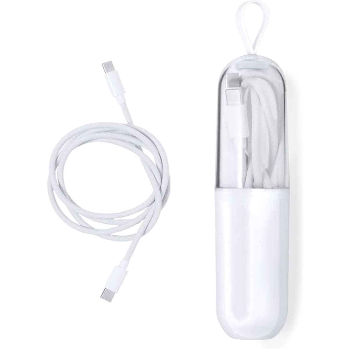 A white charging cable in a clear case, featuring a loop for easy carrying.