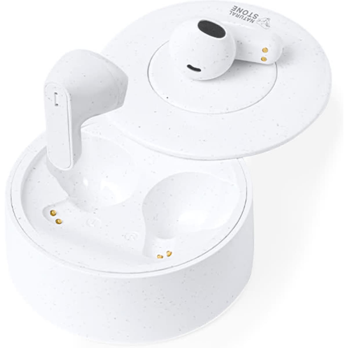 White earbuds in a matching case, featuring a lid and a logo. The design includes a speckled finish.