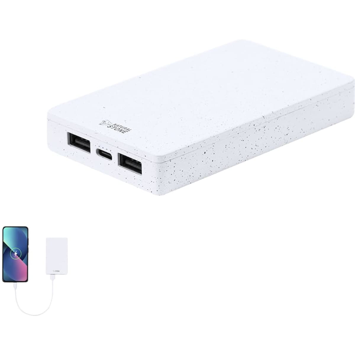 A white speckled power bank with two USB ports and a USB-C port, connected to a smartphone.