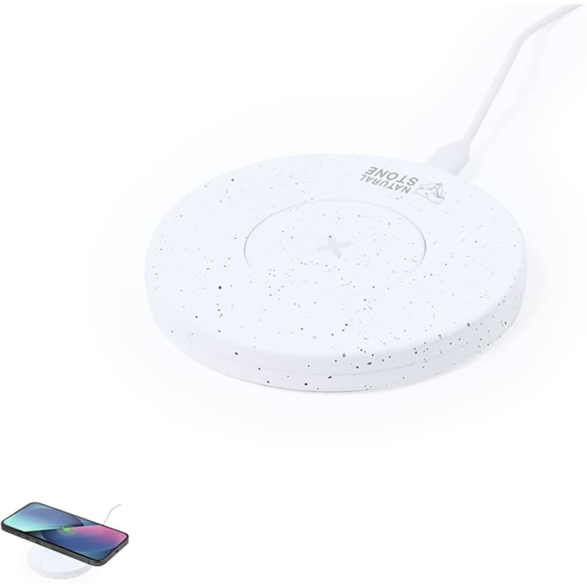 A white, speckled wireless charger with a cable, designed for charging devices without cables.