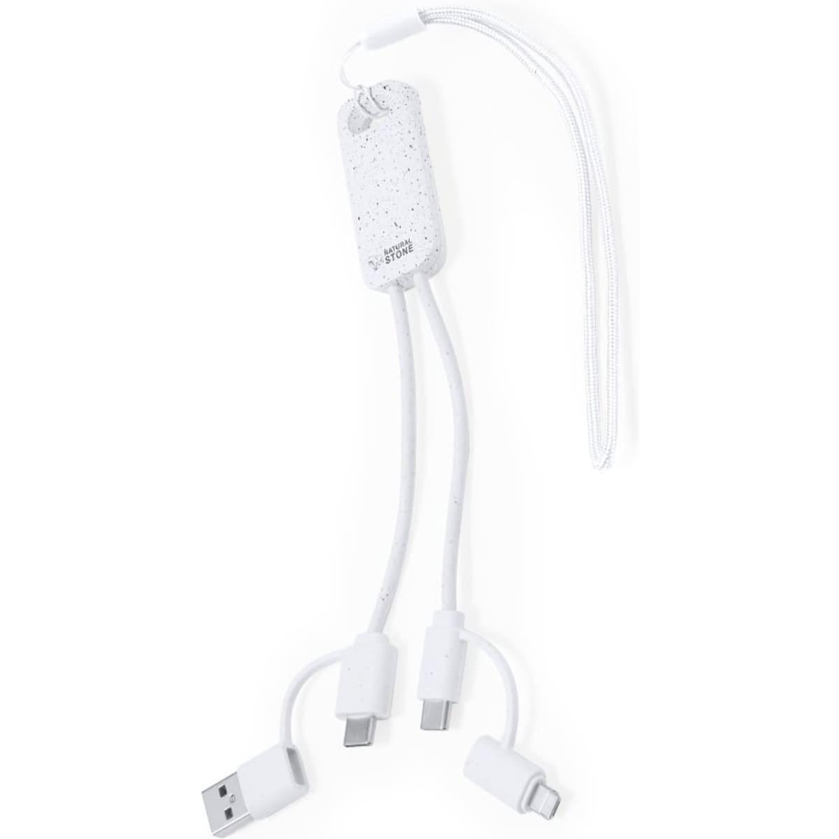 A white charging cable with multiple connectors and a textured design, featuring a branded tag and a strap for portability.