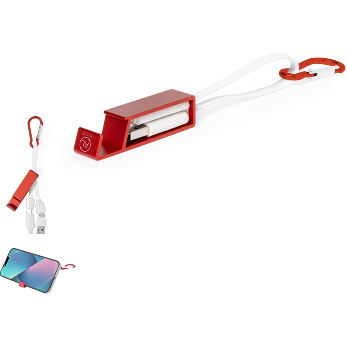 A red charging cable with a built-in holder and a carabiner clip, featuring a USB end and a connector.