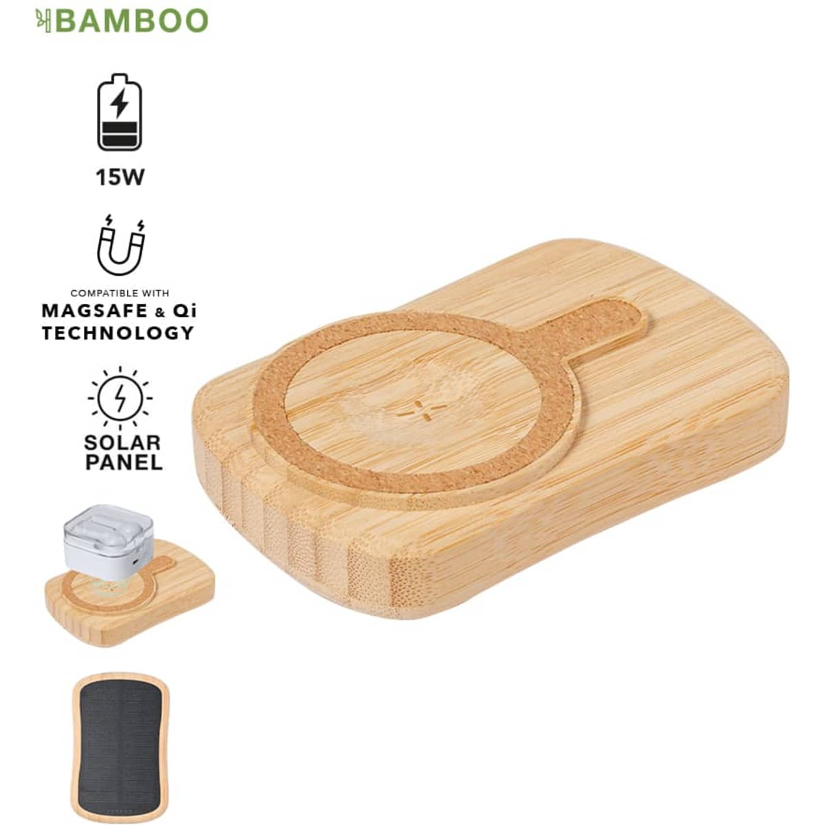 A bamboo power bank with a circular design and a solar panel, featuring a logo.