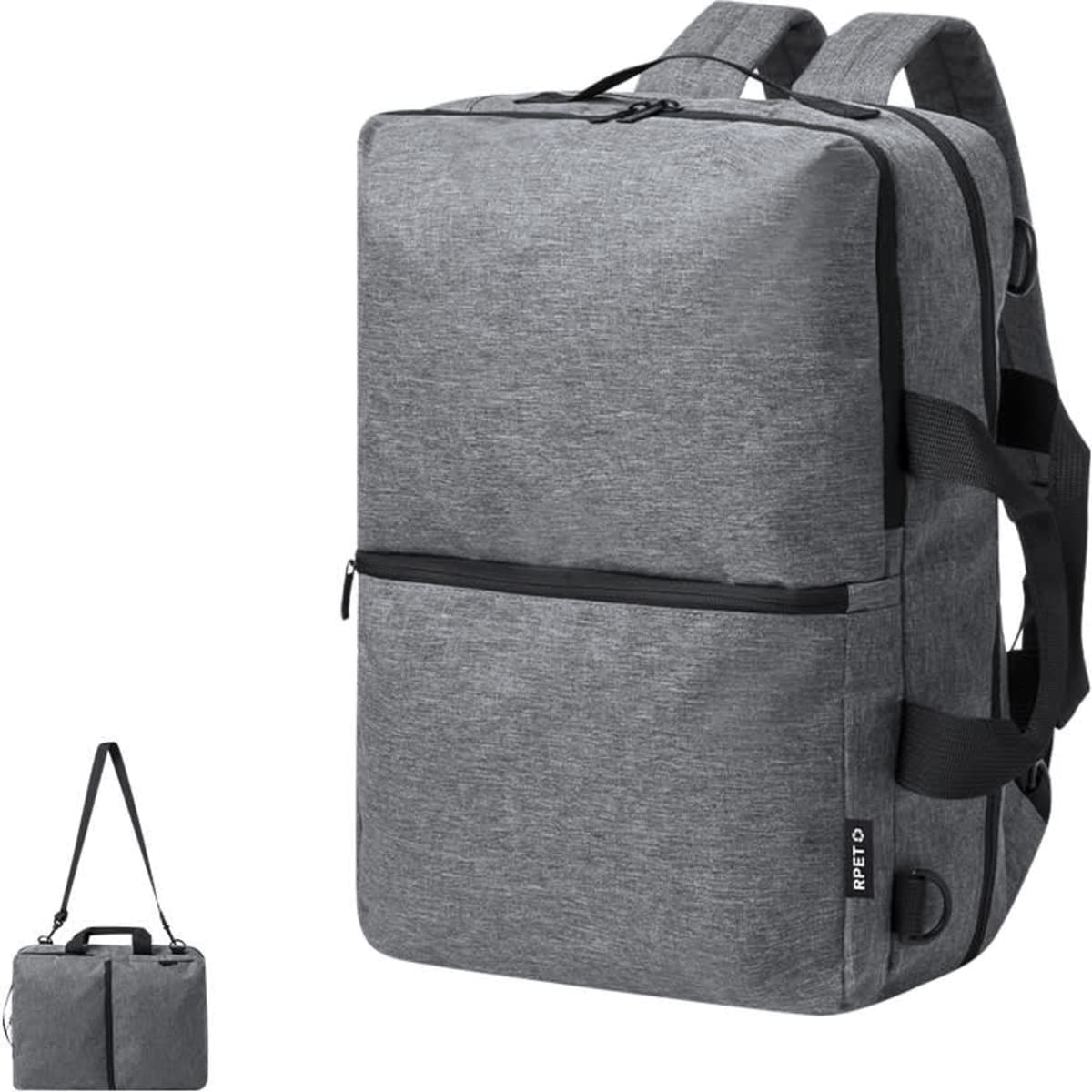 A grey laptop backpack with dual shoulder straps and a detachable side handle, featuring a zippered front pocket and a logo.