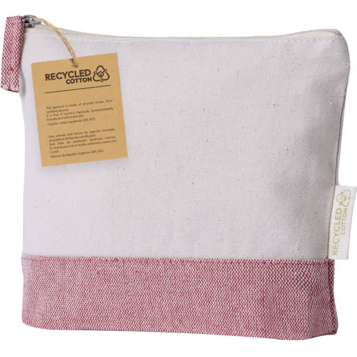 A toiletry bag in white with a red woven base, featuring a tag and a logo. Made from recycled cotton.